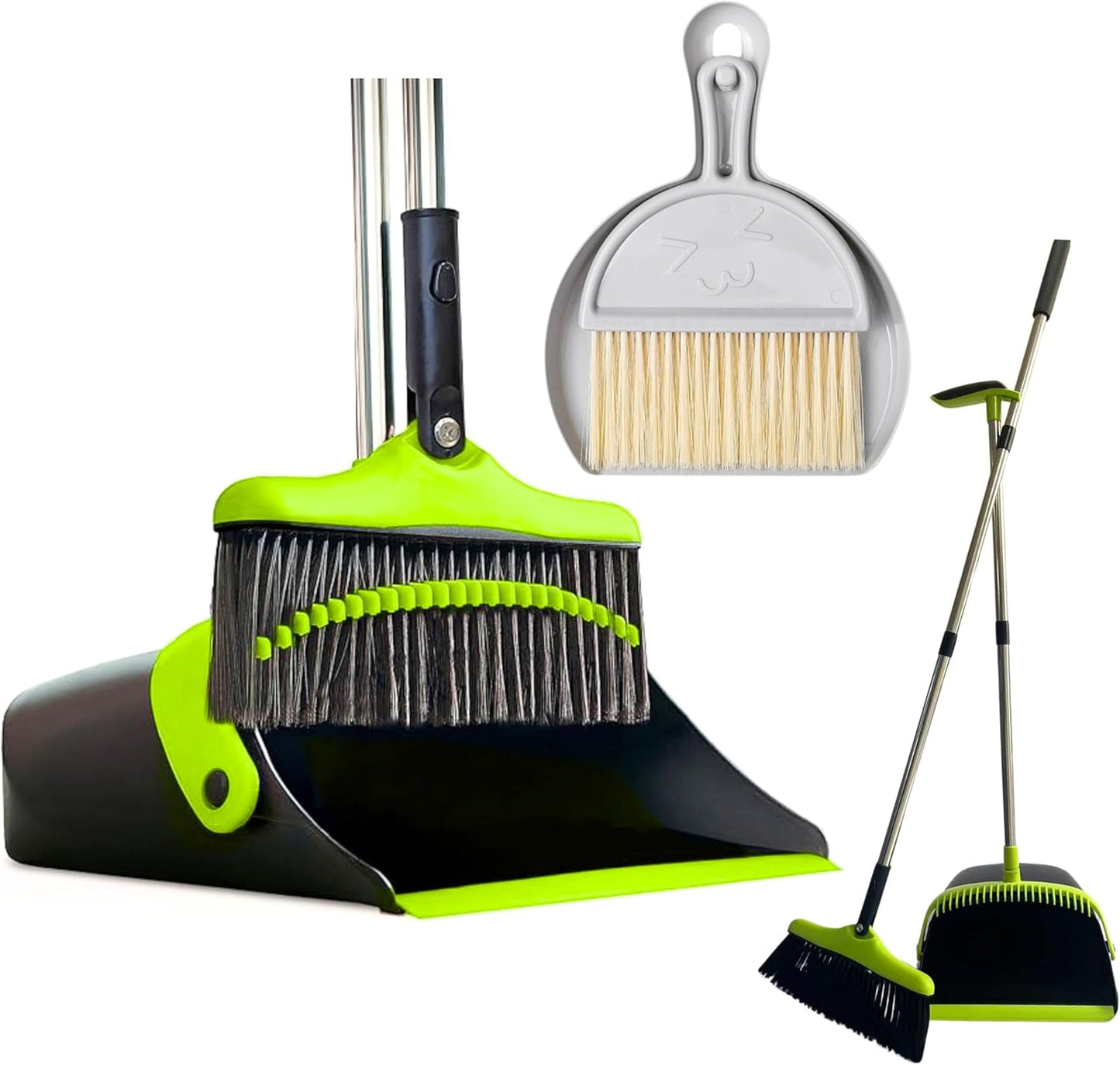 FLOORINGTON Long Handled Dustpan and Brush Set Upright Broom with Soft Bristles & Durable Dustpan for Indoor and Outdoor Cleaning Includes Free Mini Dustpan & Brush Set (Green & Black) - Floorington