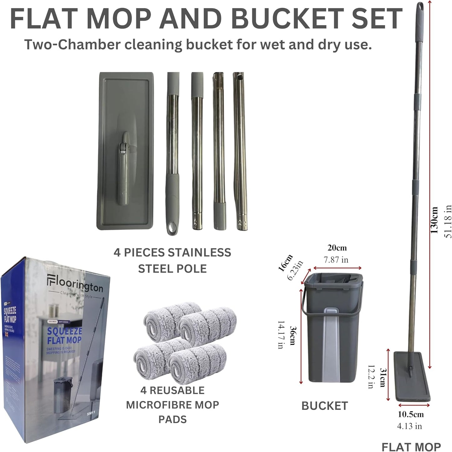FLOORINGTON Floor Mop and Bucket Set Easy Flash Speed Mop with Squeeze Bucket Flat Mop for Floor Cleaning Includes 4 Washable Microfiber Pads, 2 Free Cleaning Cloths & Mini Dustpan and Brush Set SM11 - Floorington