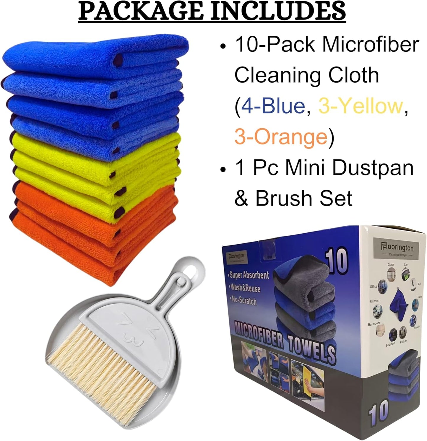 Floorington Premium Microfibre Cleaning Cloths Pack of 10, Double-layer, Lint Free Super Absorbent Towel for Household and Car Washing, Drying Size40 x 30 cm free Mini dustpan & brush set MT55 - Floorington