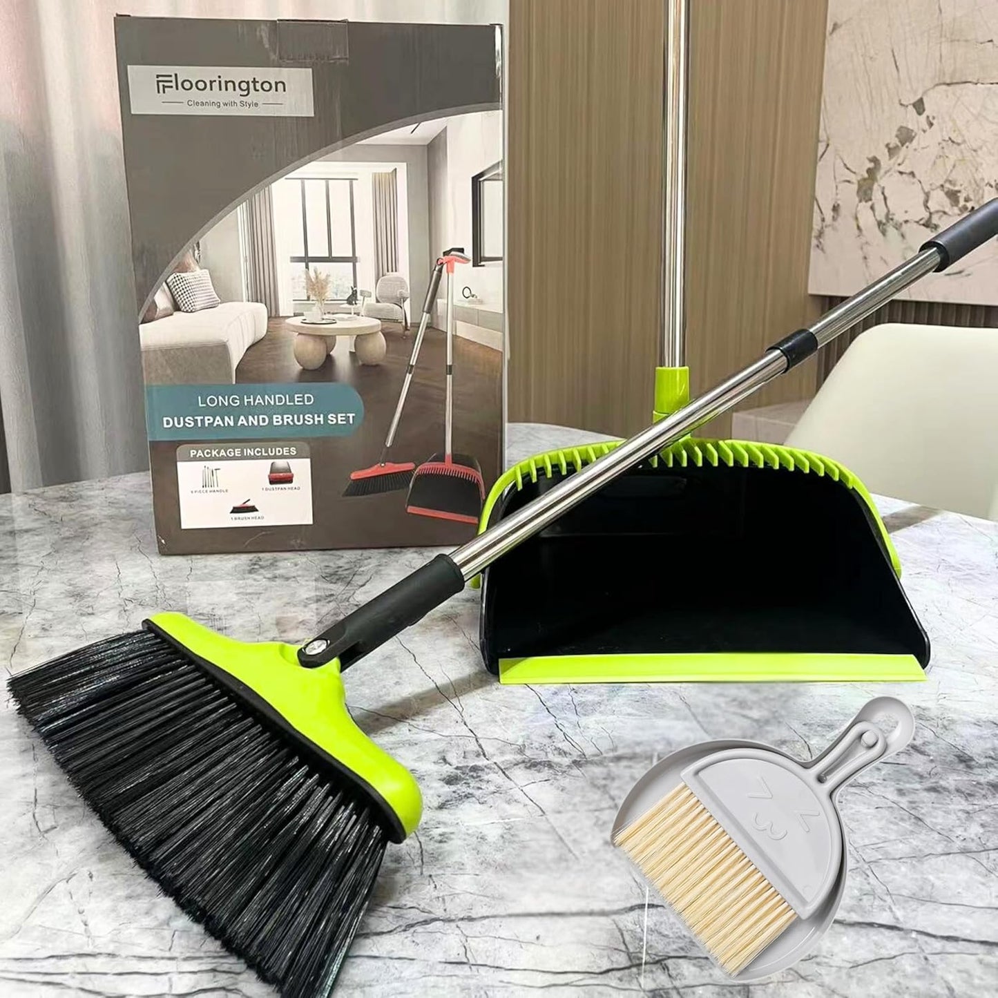 FLOORINGTON Long Handled Dustpan and Brush Set Upright Broom with Soft Bristles & Durable Dustpan for Indoor and Outdoor Cleaning Includes Free Mini Dustpan & Brush Set (Green & Black) - Floorington