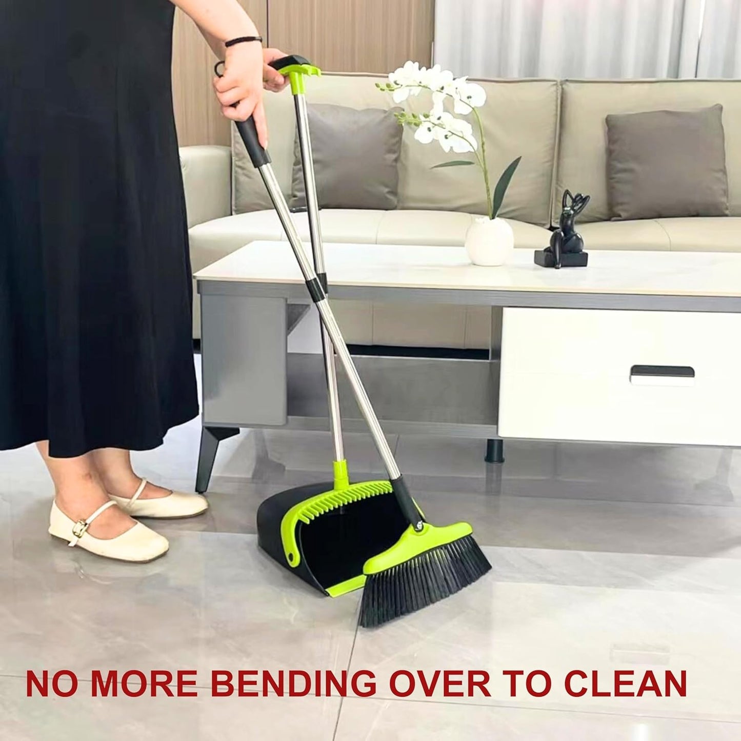FLOORINGTON Long Handled Dustpan and Brush Set Upright Broom with Soft Bristles & Durable Dustpan for Indoor and Outdoor Cleaning Includes Free Mini Dustpan & Brush Set (Green & Black) - Floorington