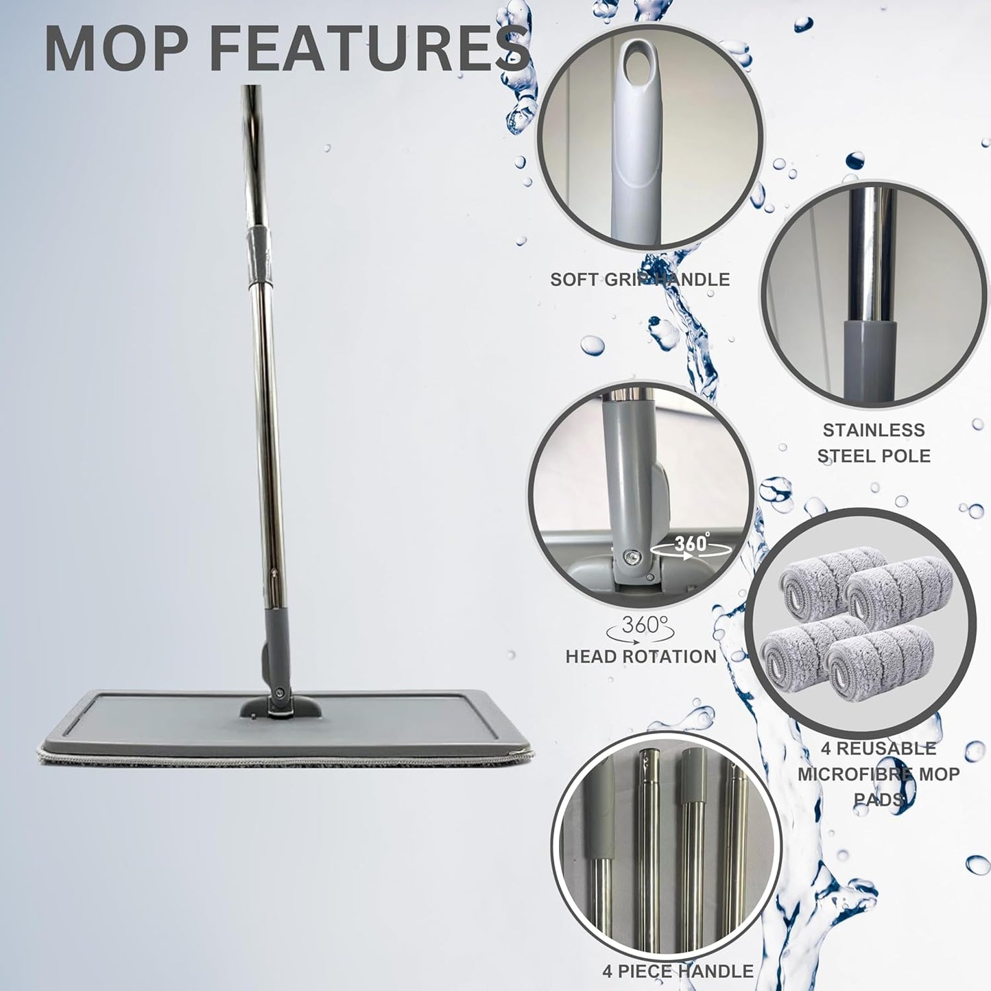 FLOORINGTON Floor Mop and Bucket Set Easy Flash Speed Mop with Squeeze Bucket Flat Mop for Floor Cleaning Includes 4 Washable Microfiber Pads, 2 Free Cleaning Cloths & Mini Dustpan and Brush Set SM11 - Floorington