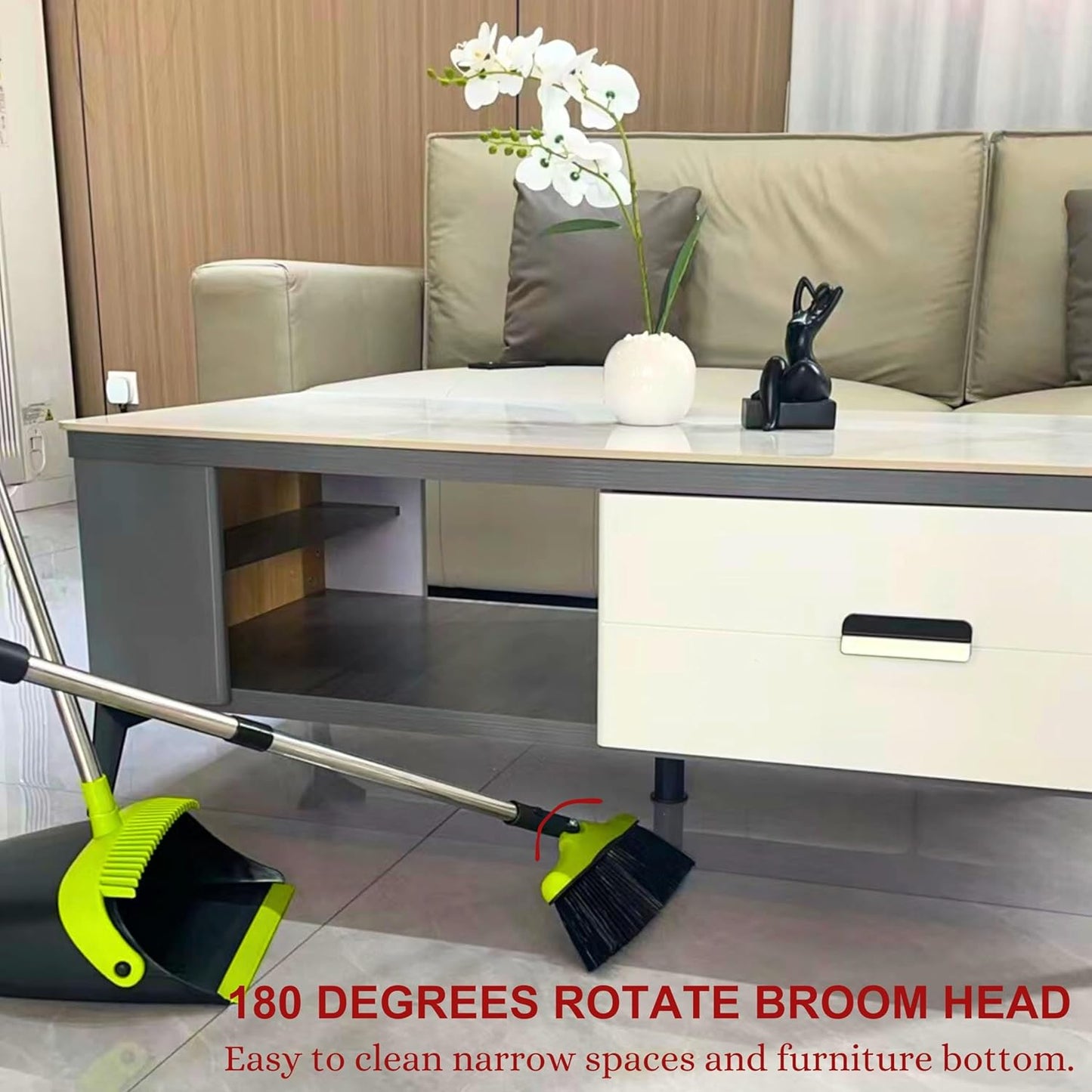 FLOORINGTON Long Handled Dustpan and Brush Set Upright Broom with Soft Bristles & Durable Dustpan for Indoor and Outdoor Cleaning Includes Free Mini Dustpan & Brush Set (Green & Black) - Floorington