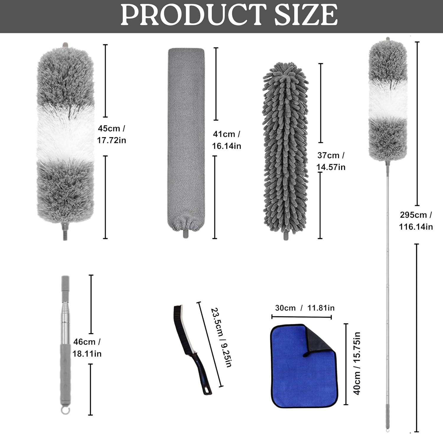 FLOORINGTON 6PCS Feather Duster Set 250cm extendable telescopic pole Includes bendable,washable crevice brush perfect for removing dust cobwebs from high ceilings, fans,lights, blinds, cars, furniture - Floorington