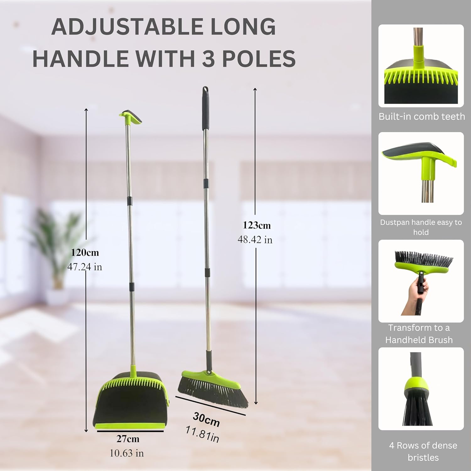FLOORINGTON Long Handled Dustpan and Brush Set Upright Broom with Soft Bristles & Durable Dustpan for Indoor and Outdoor Cleaning Includes Free Mini Dustpan & Brush Set (Green & Black) - Floorington
