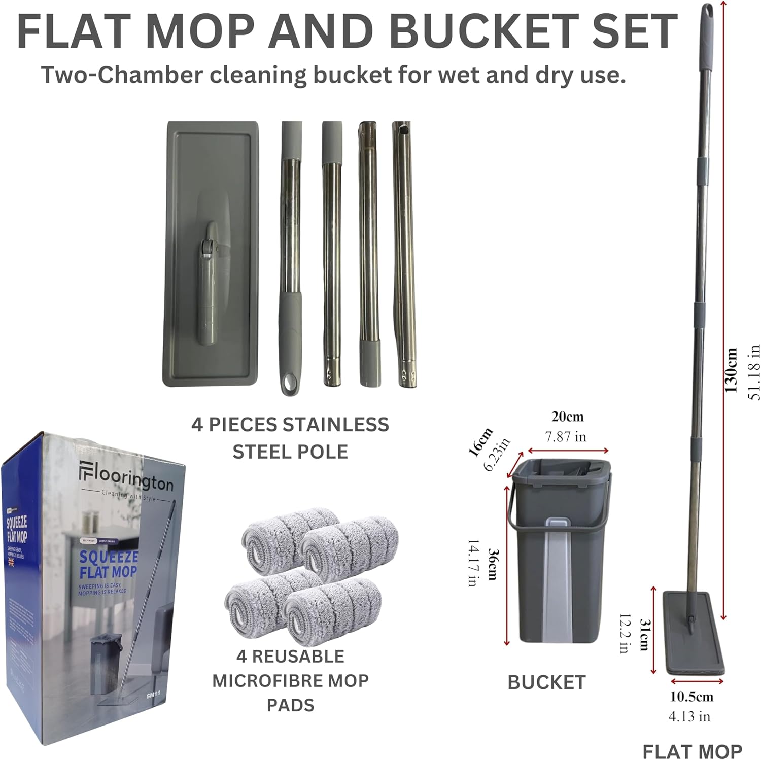 FLOORINGTON Floor Mop and Bucket Set Easy Flash Speed Mop with Squeeze Bucket Flat Mop for Floor Cleaning Includes 4 Washable Microfiber Pads, 2 Free Cleaning Cloths & Mini Dustpan and Brush Set SM11 - Floorington