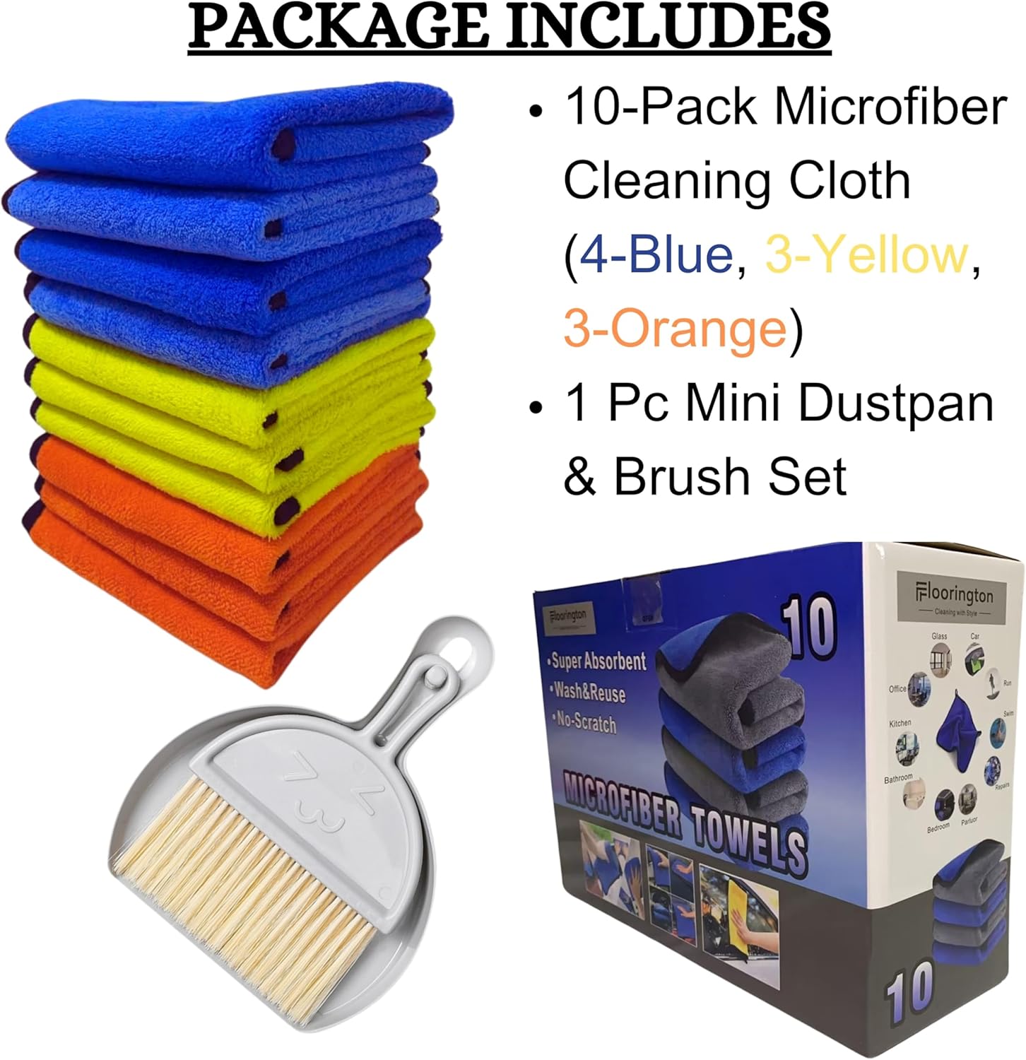 Floorington Premium Microfibre Cleaning Cloths Pack of 10, Double-layer, Lint Free Super Absorbent Towel for Household and Car Washing, Drying Size40 x 30 cm free Mini dustpan & brush set MT55 - Floorington