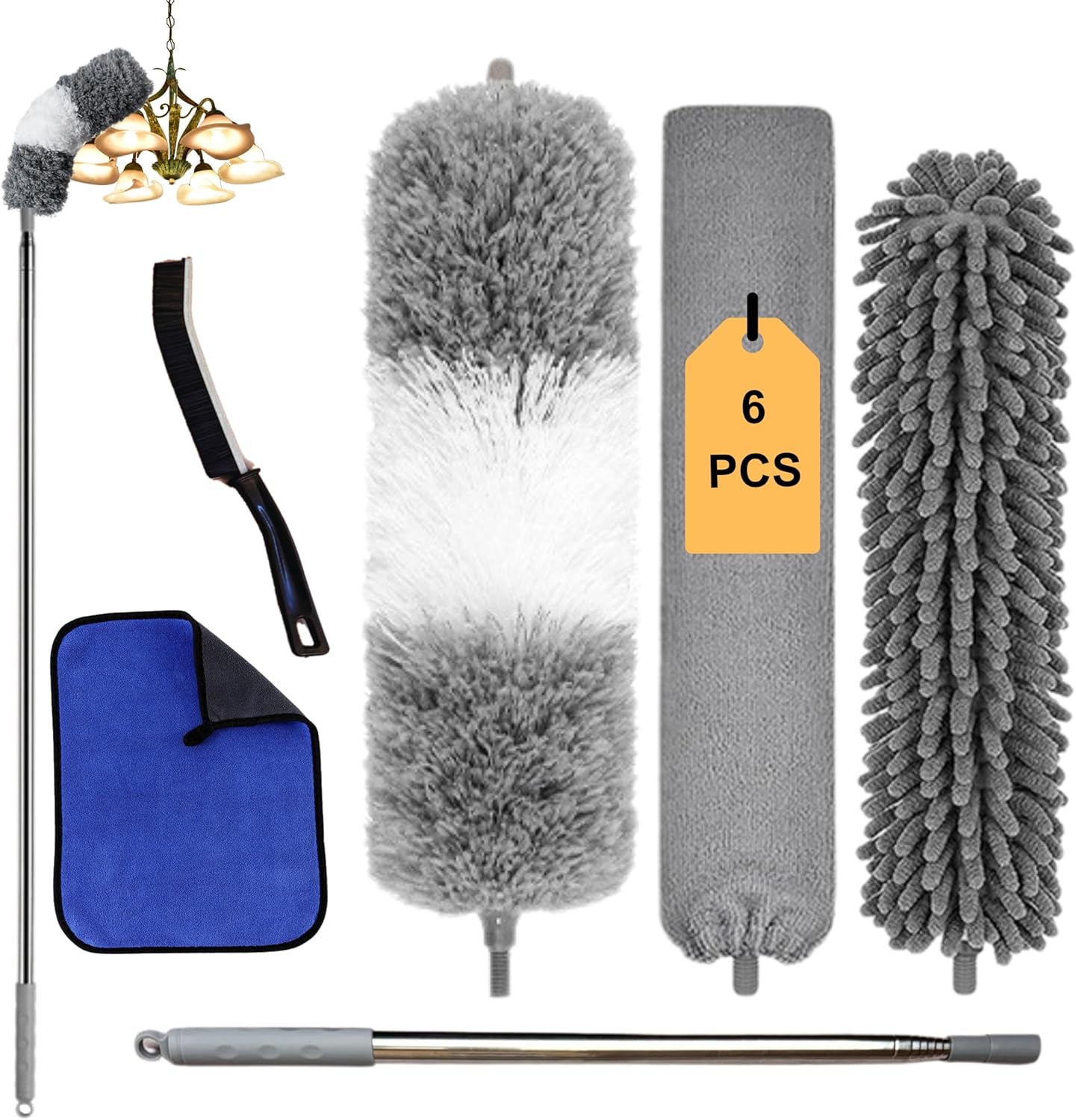 FLOORINGTON 6PCS Feather Duster Set 250cm extendable telescopic pole Includes bendable,washable crevice brush perfect for removing dust cobwebs from high ceilings, fans,lights, blinds, cars, furniture - Floorington