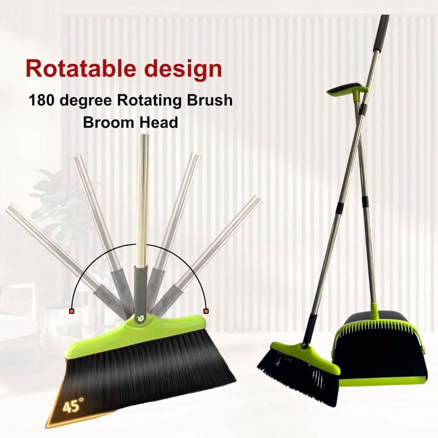 FLOORINGTON Long Handled Dustpan and Brush Set Upright Broom with Soft Bristles & Durable Dustpan for Indoor and Outdoor Cleaning Includes Free Mini Dustpan & Brush Set (Green & Black) - Floorington
