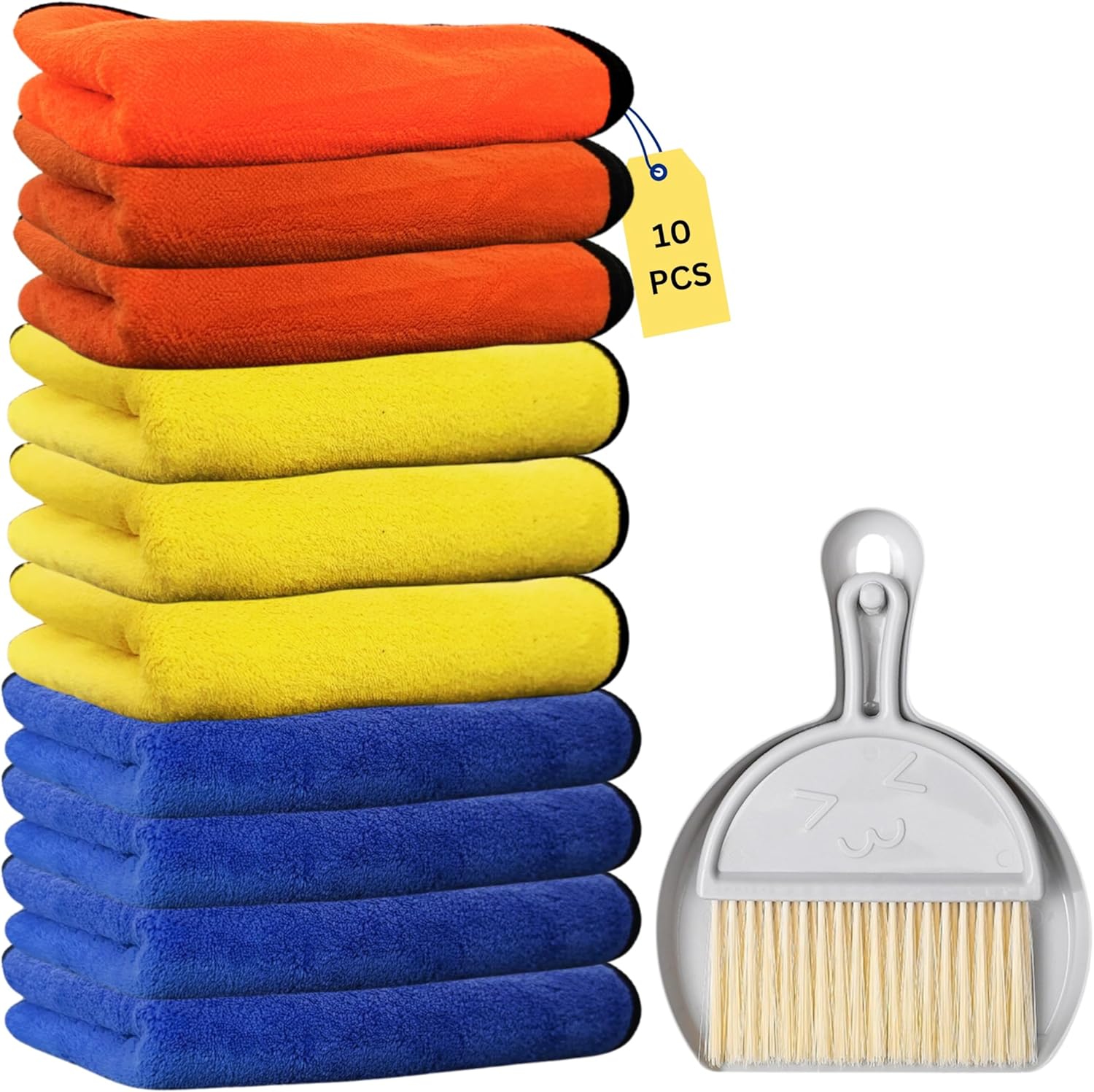 Floorington Premium Microfibre Cleaning Cloths Pack of 10, Double-layer, Lint Free Super Absorbent Towel for Household and Car Washing, Drying Size40 x 30 cm free Mini dustpan & brush set MT55 - Floorington
