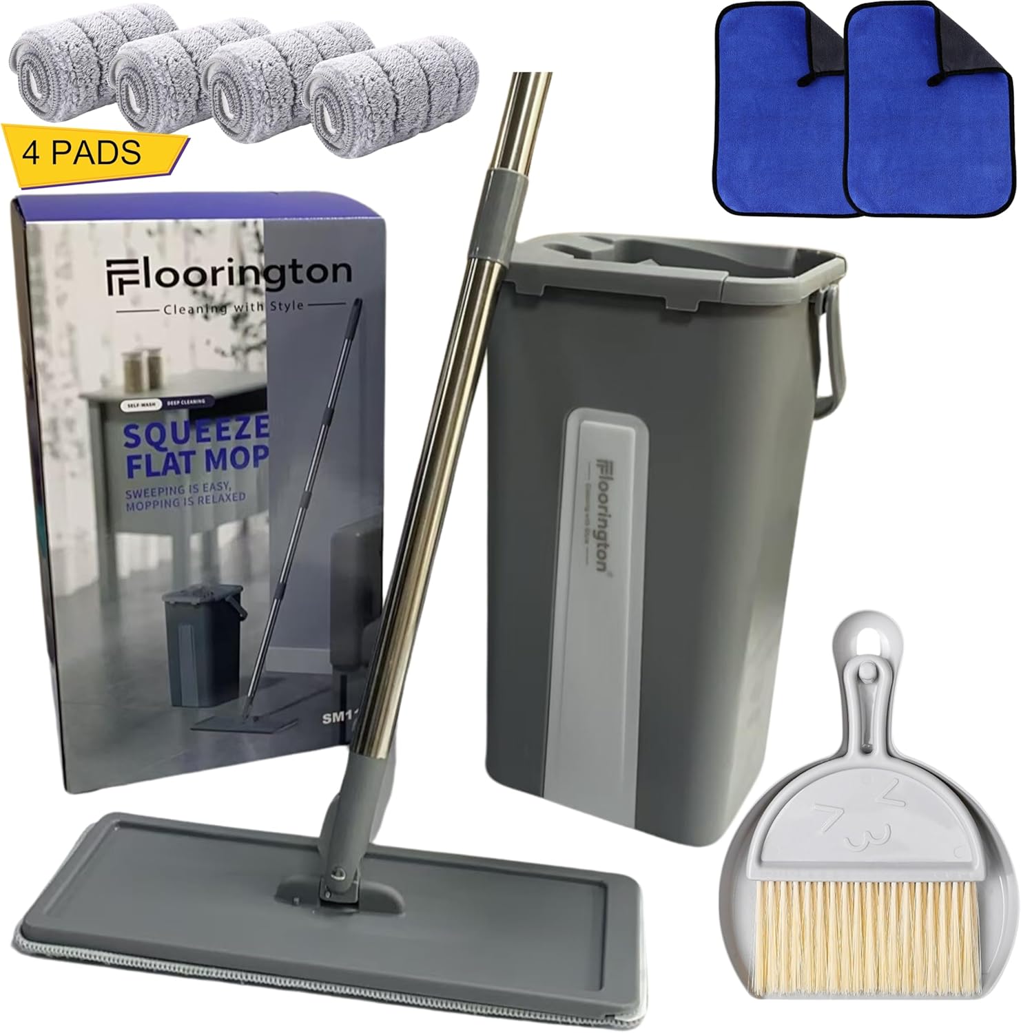 FLOORINGTON Floor Mop and Bucket Set Easy Flash Speed Mop with Squeeze Bucket Flat Mop for Floor Cleaning Includes 4 Washable Microfiber Pads, 2 Free Cleaning Cloths & Mini Dustpan and Brush Set SM11 - Floorington