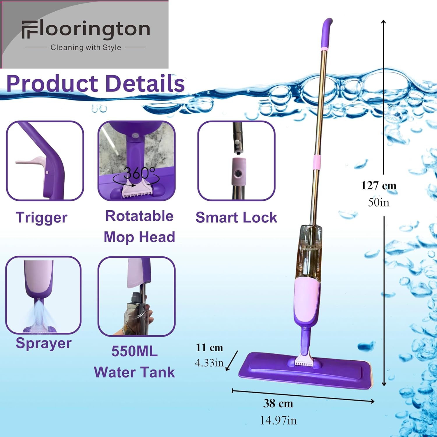 FLOORINGTON Spray Mop for Floor Cleaning Wet & Dry Microfiber Mop with 550ML Refillable Bottle, 4 Washable Pads, 4 Microfibre Cloth and 1 Scraper Perfect for Home, Kitchen, Hardwood, Tile Floors PS08 - Floorington