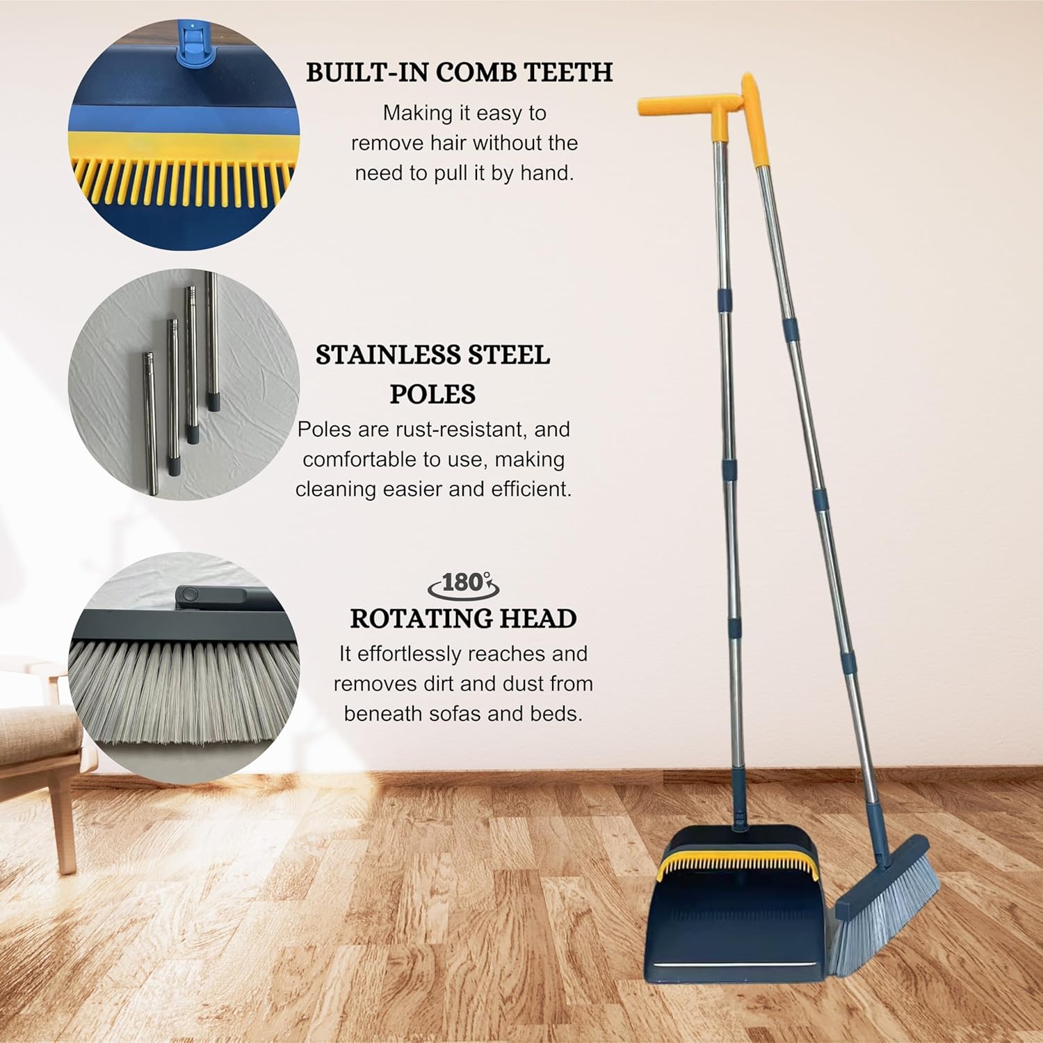 FLOORINGTON Long Handled Dustpan and Brush Set Upright Broom with Soft Bristles & Durable Dustpan for Indoor and Outdoor Cleaning Includes Free Mini Dustpan & Brush Set (Green & Black) - Floorington
