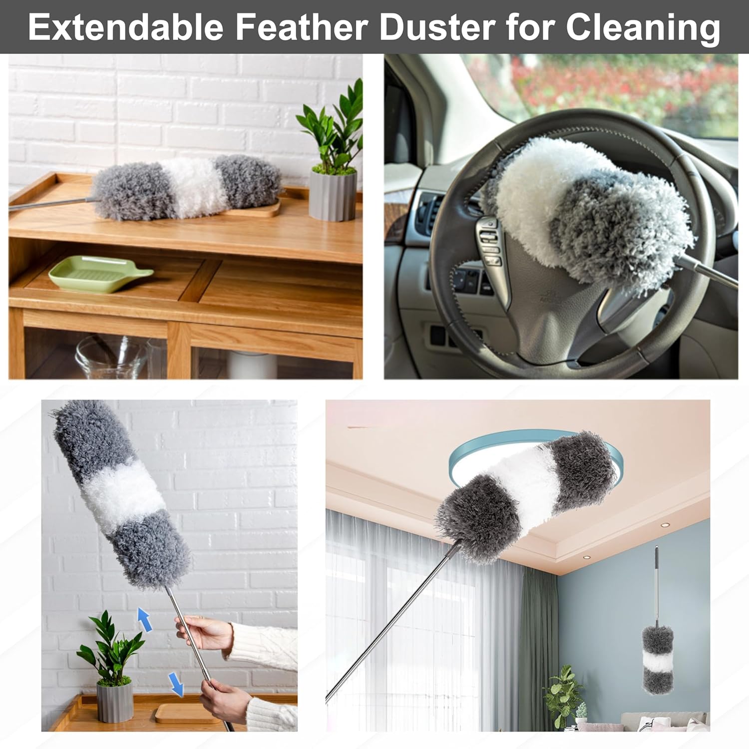 FLOORINGTON 6PCS Feather Duster Set 250cm extendable telescopic pole Includes bendable,washable crevice brush perfect for removing dust cobwebs from high ceilings, fans,lights, blinds, cars, furniture - Floorington
