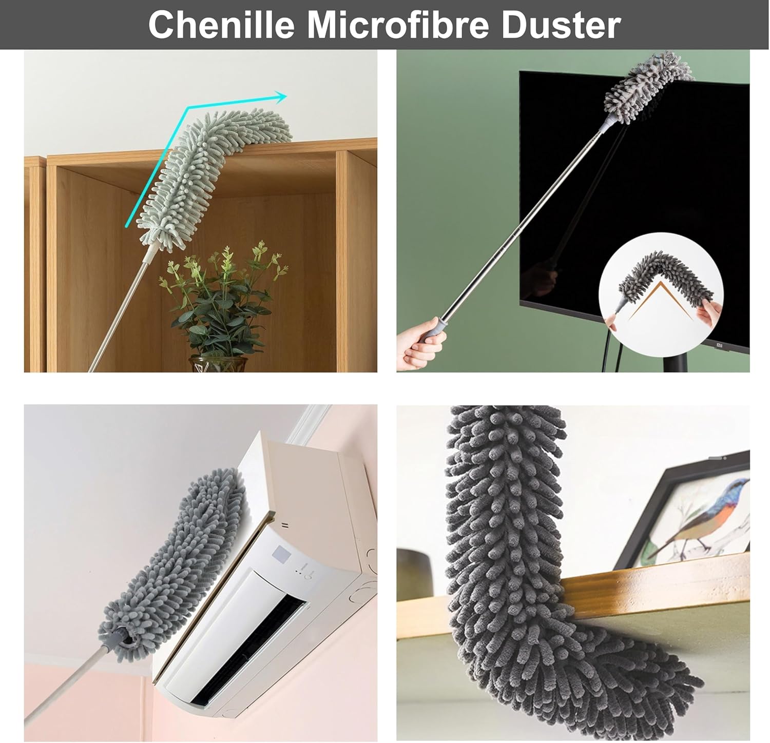 FLOORINGTON 6PCS Feather Duster Set 250cm extendable telescopic pole Includes bendable,washable crevice brush perfect for removing dust cobwebs from high ceilings, fans,lights, blinds, cars, furniture - Floorington