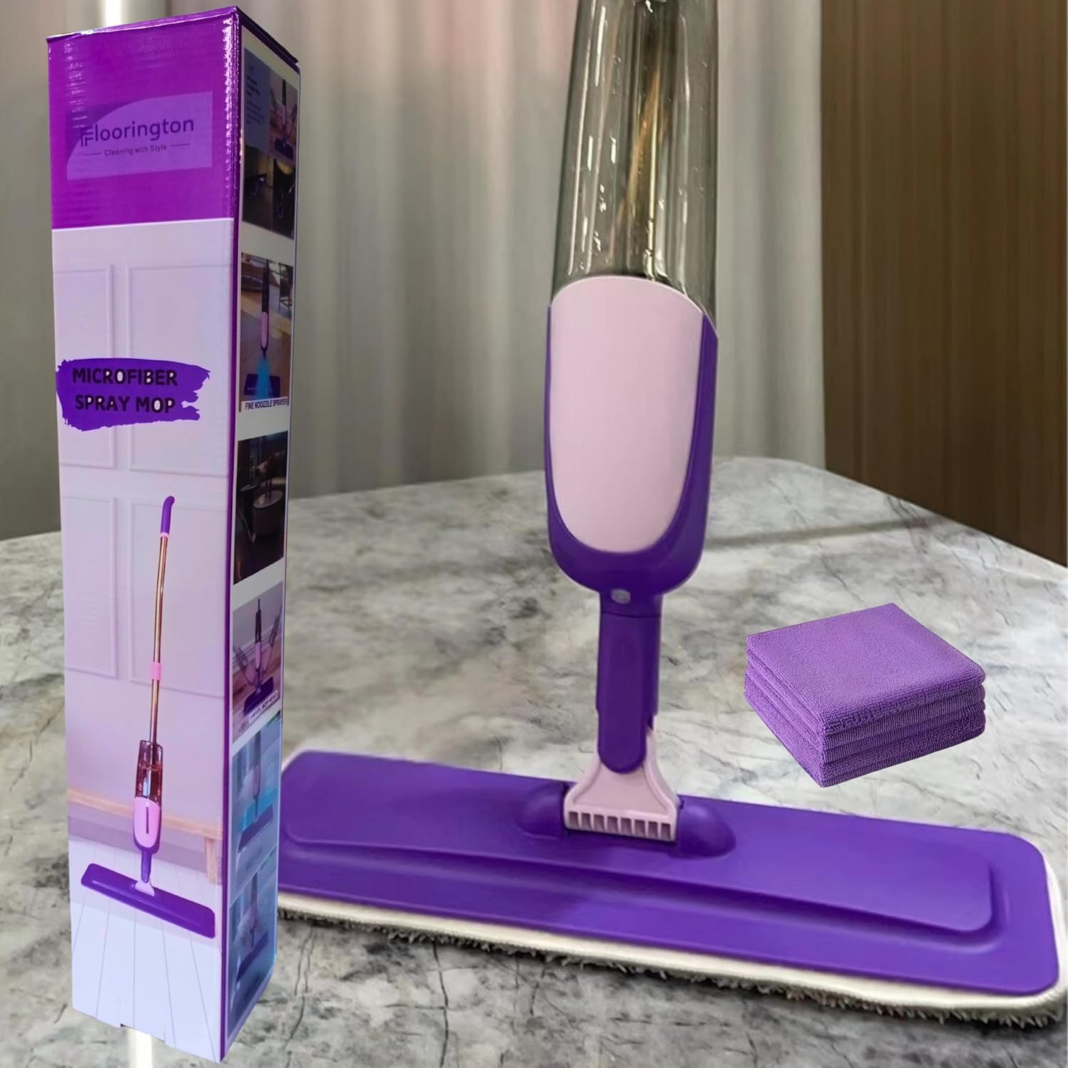 FLOORINGTON Spray Mop for Floor Cleaning Wet & Dry Microfiber Mop with 550ML Refillable Bottle, 4 Washable Pads, 4 Microfibre Cloth and 1 Scraper Perfect for Home, Kitchen, Hardwood, Tile Floors PS08 - Floorington