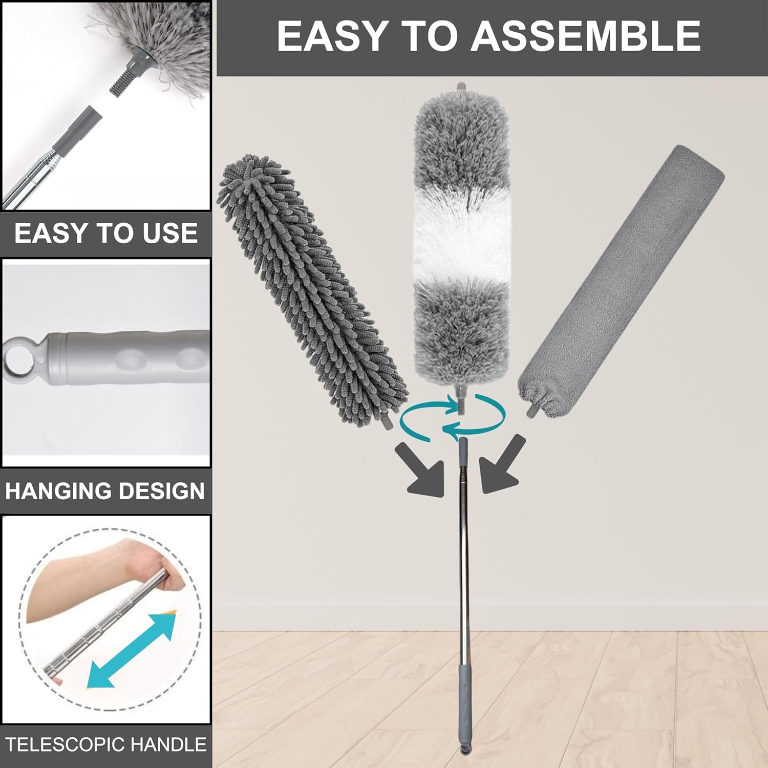FLOORINGTON 6PCS Feather Duster Set 250cm extendable telescopic pole Includes bendable,washable crevice brush perfect for removing dust cobwebs from high ceilings, fans,lights, blinds, cars, furniture - Floorington